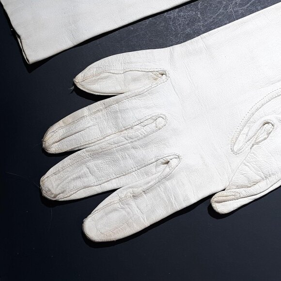 White Kid Leather Gauntlet Gloves Sz 6.5 Vintage 1950 13.5" - Picture 3 of 5